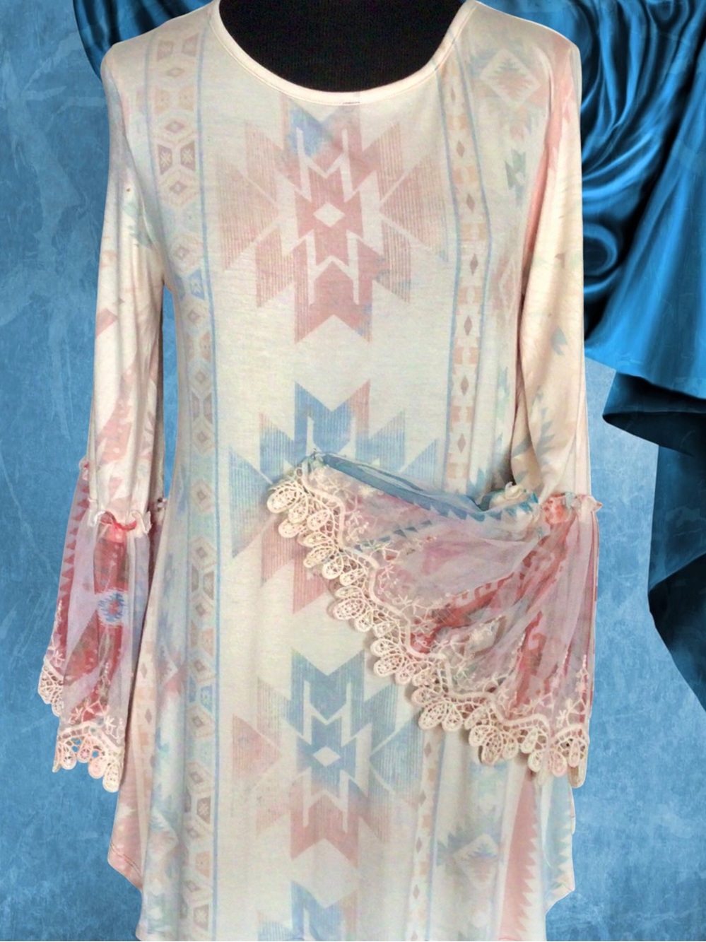 ORIGAMI Women’s (S) Boho Southwest Tunic Top Lace Bell Sleeve Ivory 21.00